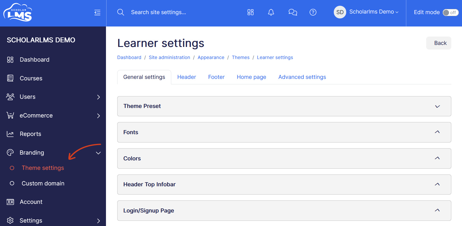 Learner theme settings