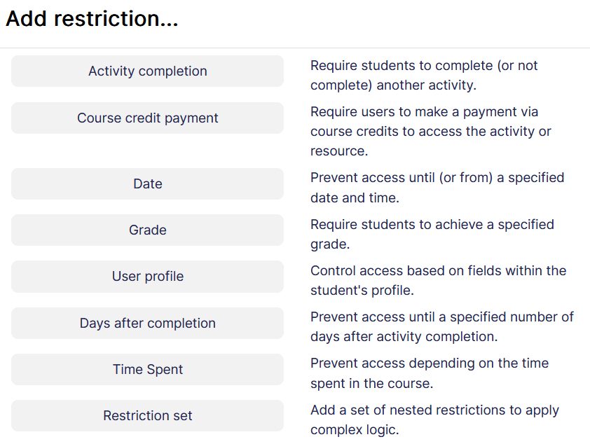 Access Restriction Options Modal Box